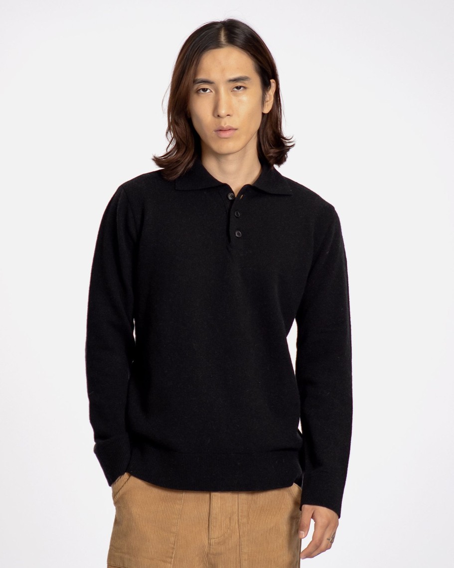 Far Afield Polo Shirts | Kier Knitted Polo - Black Lambswool Blend