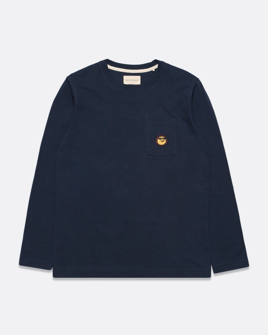 Far Afield T-Shirts | Embroidered Long Sleeve T-Shirt - Navy Sunny Motif