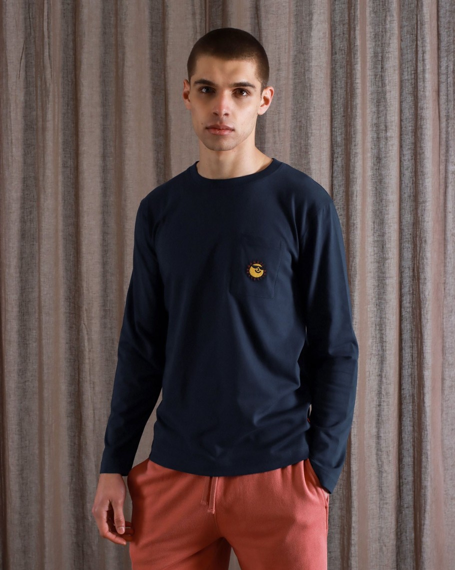 Far Afield T-Shirts | Embroidered Long Sleeve T-Shirt - Navy Sunny Motif