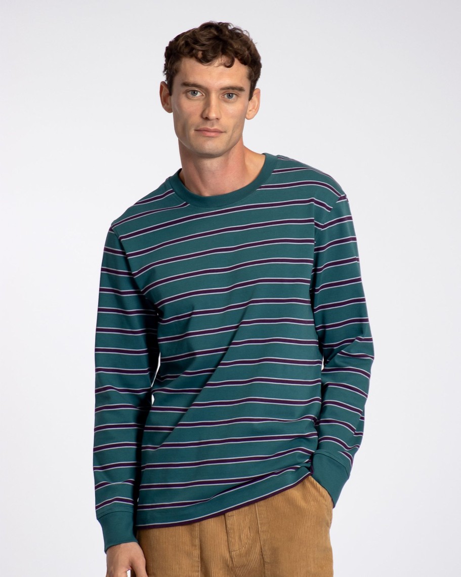 Far Afield T-Shirts | Cuffed Heavyweight T-Shirt - Deep Teal / Multi Stripe