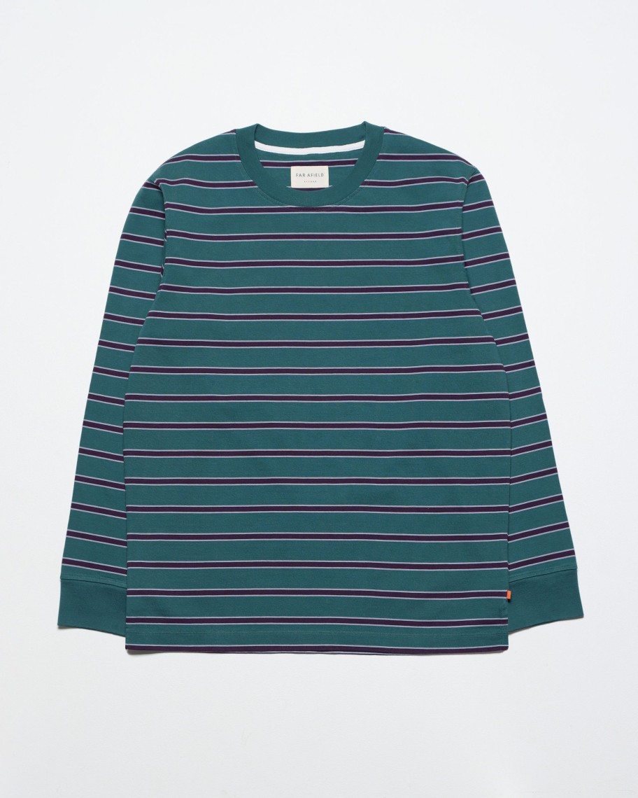 Far Afield T-Shirts | Cuffed Heavyweight T-Shirt - Deep Teal / Multi Stripe