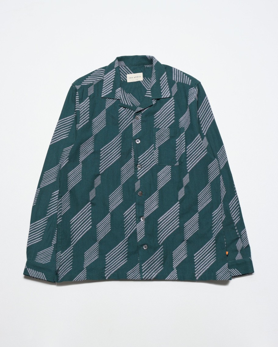 Far Afield Shirts | Stachio Shirt - Deep Teal Embroidered Diamond Stripe