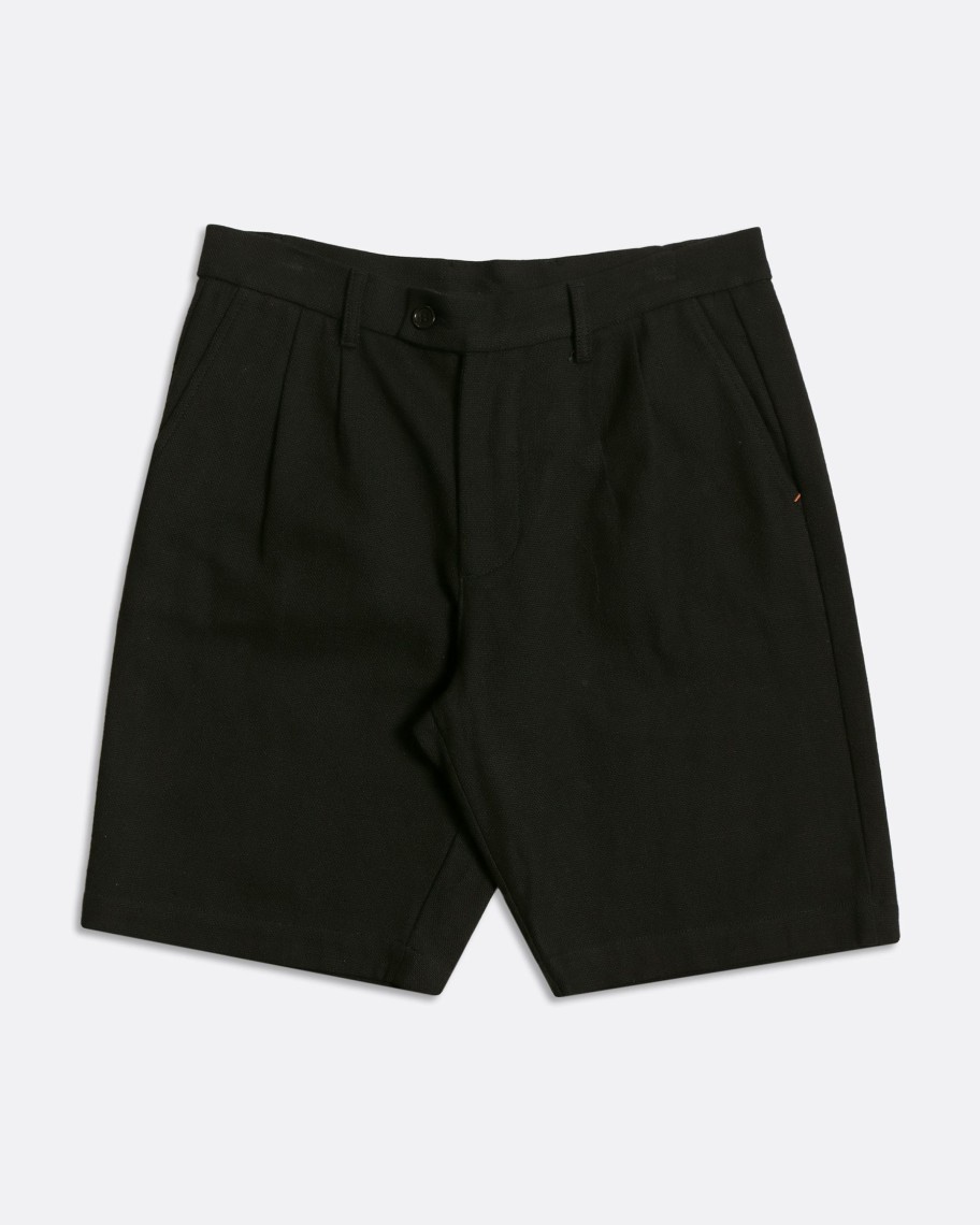 Far Afield Shorts | Double Pleated Shorts - Black Textured Weave