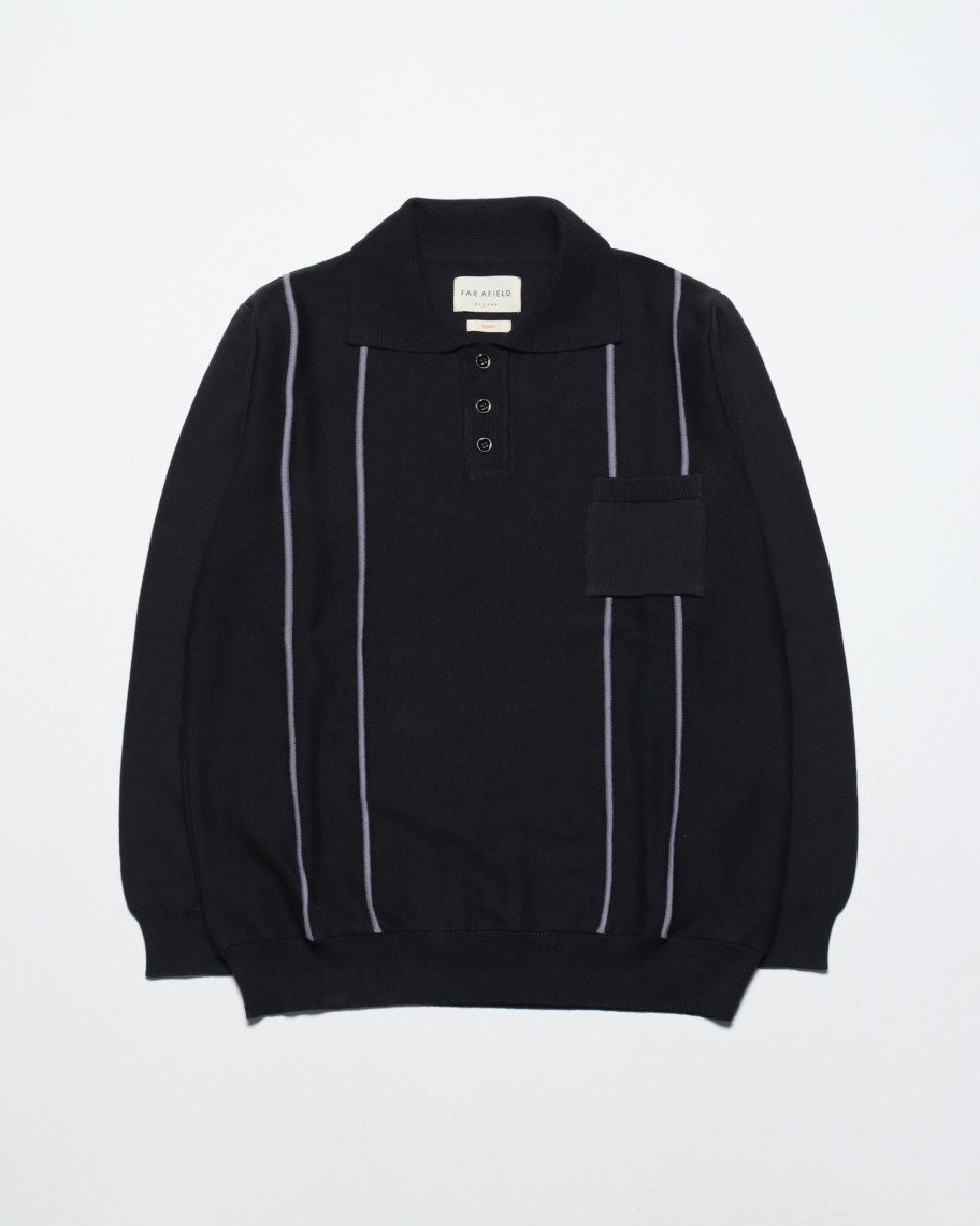 Far Afield Polo Shirts | Alfaro Knitted Polo - Black / Silver Blue Organic Cotton