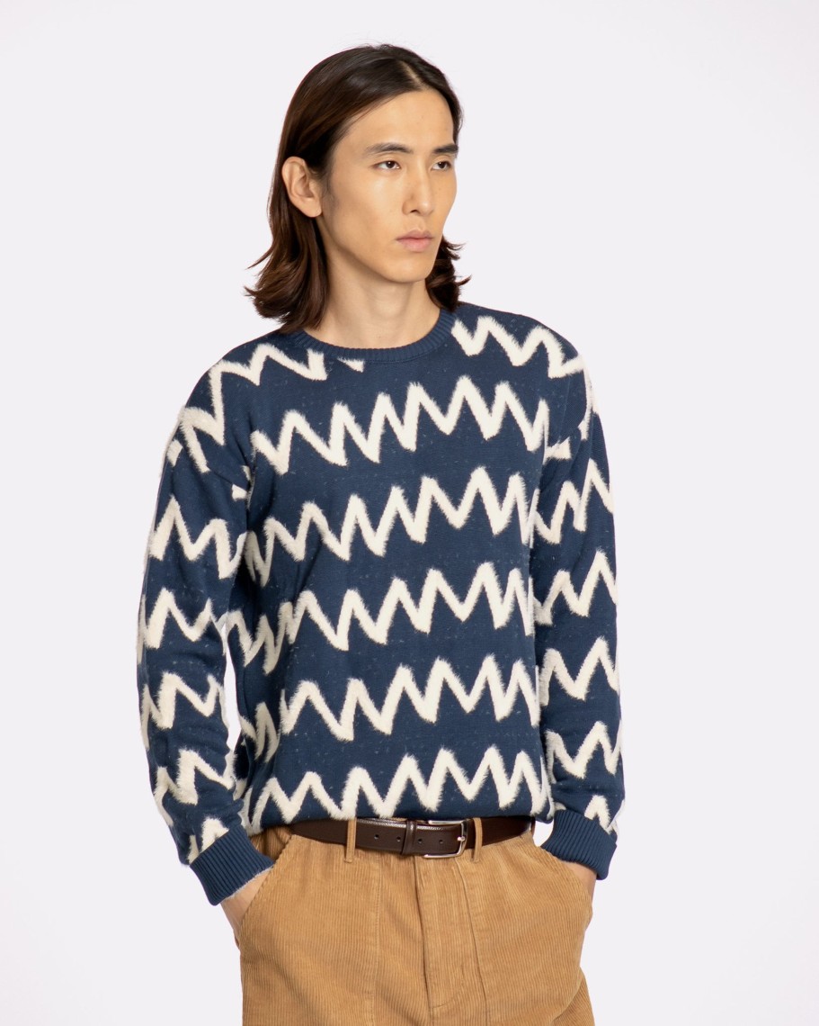 Far Afield Knitwear | Drop Shoulder Knit - Insignia Blue / White Zig Stripe