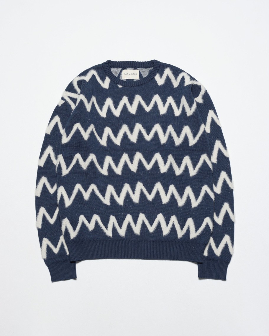 Far Afield Knitwear | Drop Shoulder Knit - Insignia Blue / White Zig Stripe