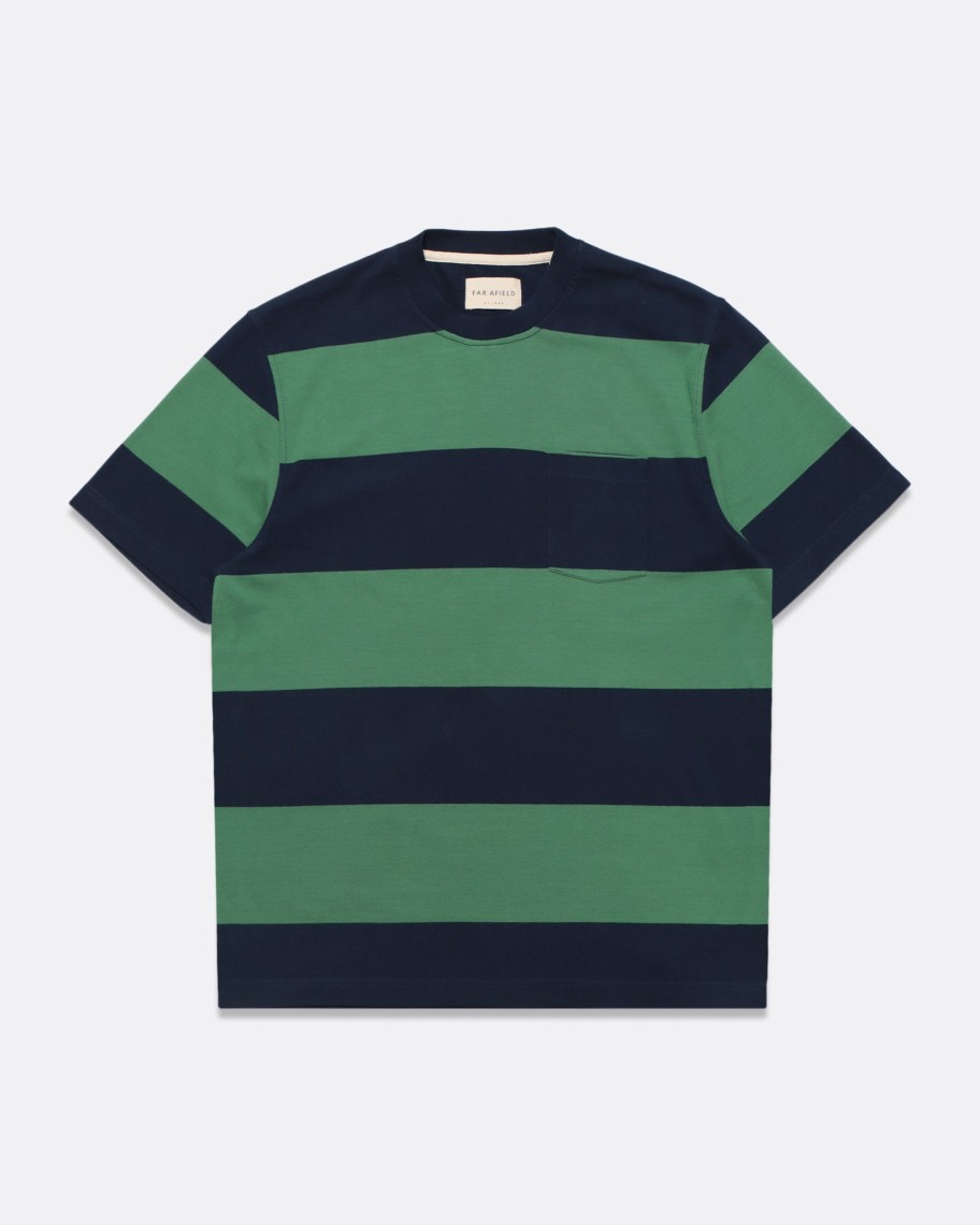 Far Afield T-Shirts | Bold Stripe Pocket T-Shirt - Navy / Frosty Green