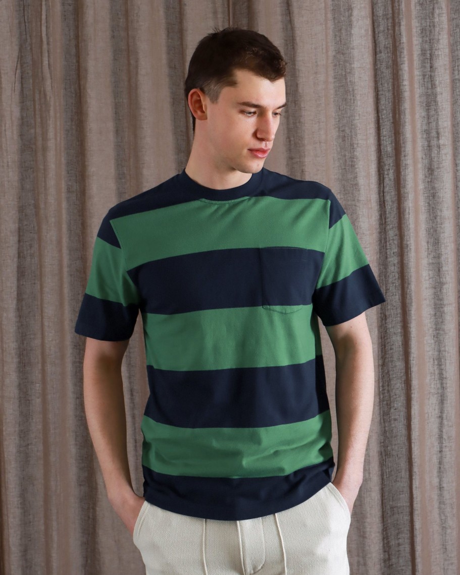 Far Afield T-Shirts | Bold Stripe Pocket T-Shirt - Navy / Frosty Green