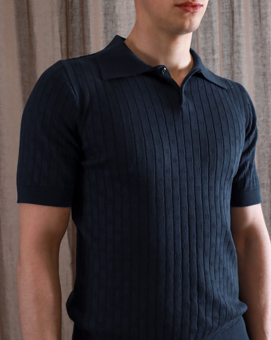 Far Afield Polo Shirts | Jacobs Polo - Dark Navy Perforated Lace