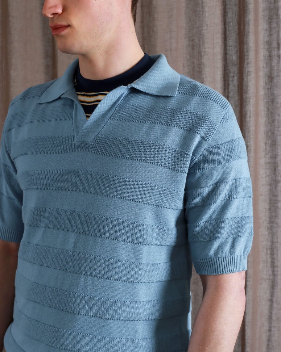 Far Afield Polo Shirts | Marsan Short Sleeve Polo - Allure Blue Raised Stripe