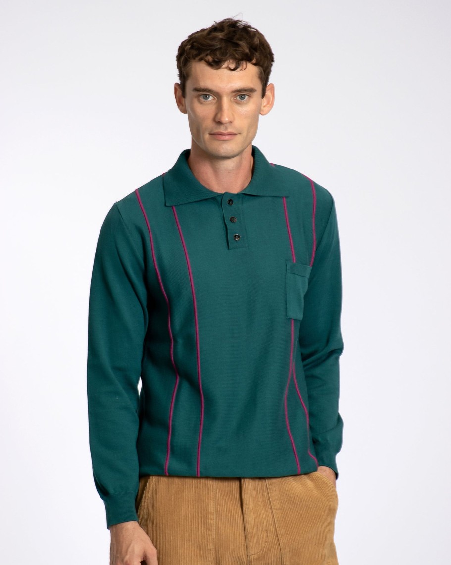 Far Afield Polo Shirts | Alfaro Knitted Polo - Deep Teal / Magenta Organic Cotton