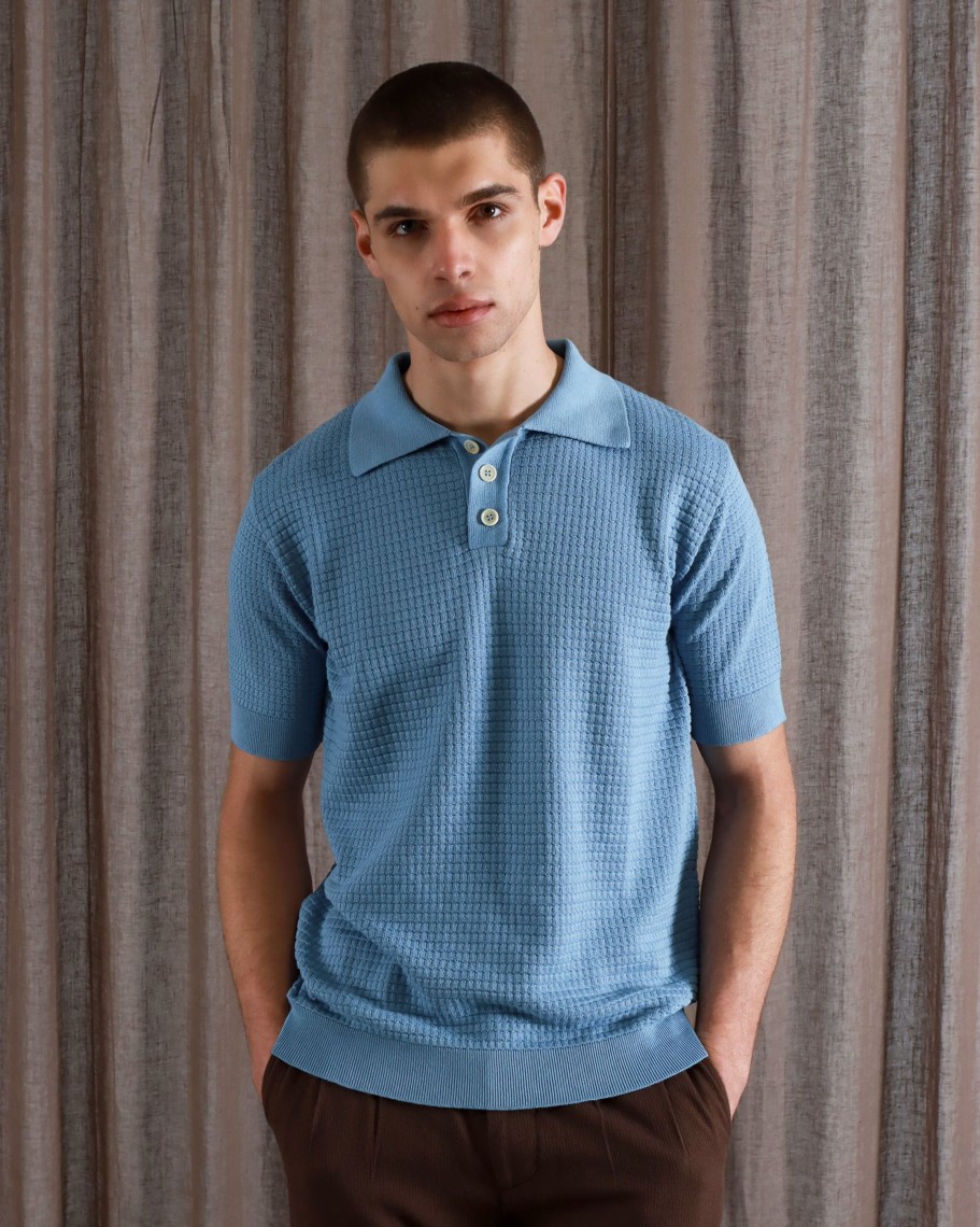 Far Afield Polo Shirts | Renard Polo - Allure Blue Ribbed Waffle