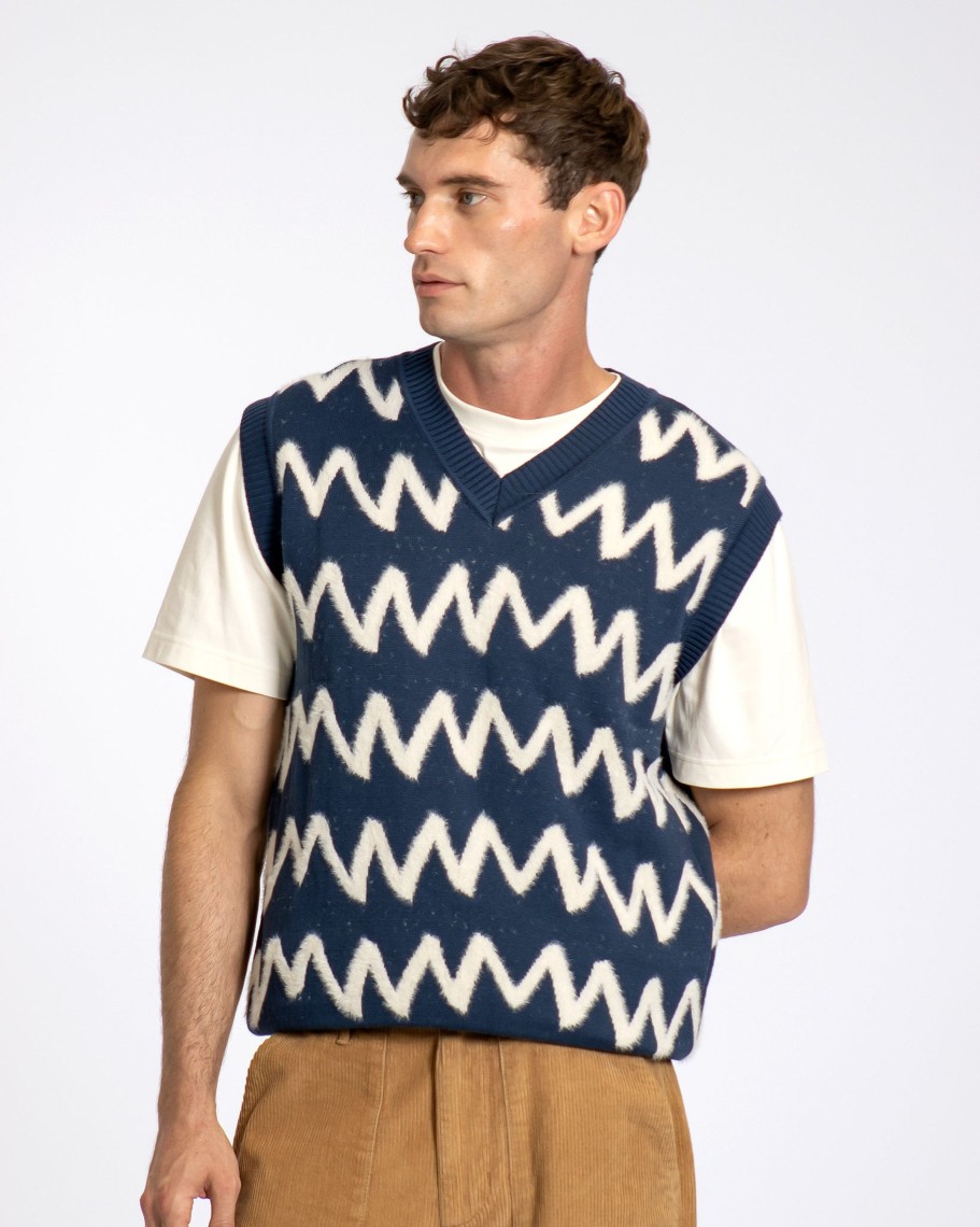 Far Afield Knitwear | Pinto Knitted Vest - Insignia Blue / White Zig Stripe