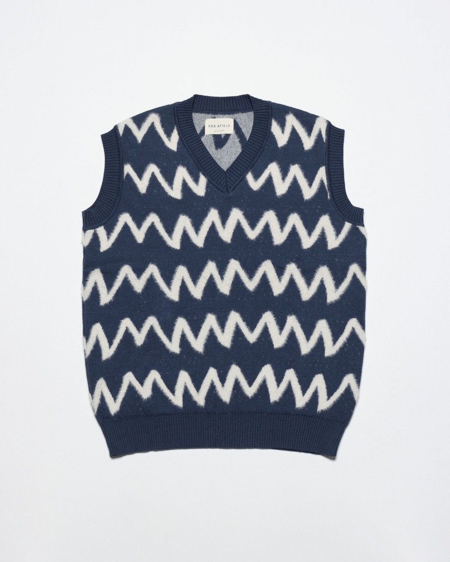 Far Afield Knitwear | Pinto Knitted Vest - Insignia Blue / White Zig Stripe