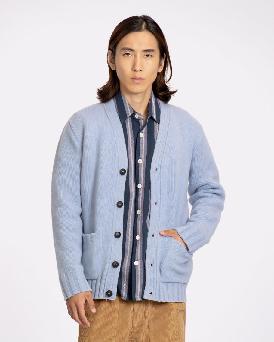 Far Afield Knitwear | Buckley Cardigan - Silver Blue Lambswool Blend