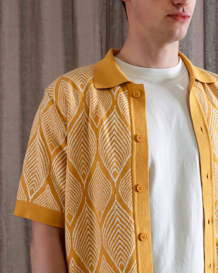 Far Afield Knitwear | Zigger Cardigan - Honey Gold / White Leaf Pattern