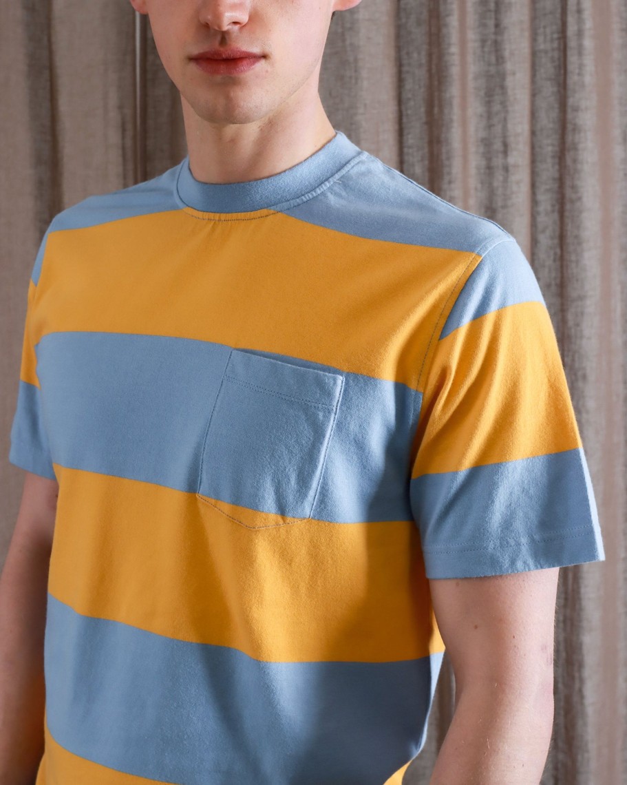 Far Afield T-Shirts | Bold Stripe Pocket T-Shirt - Allure Blue / Honey Gold