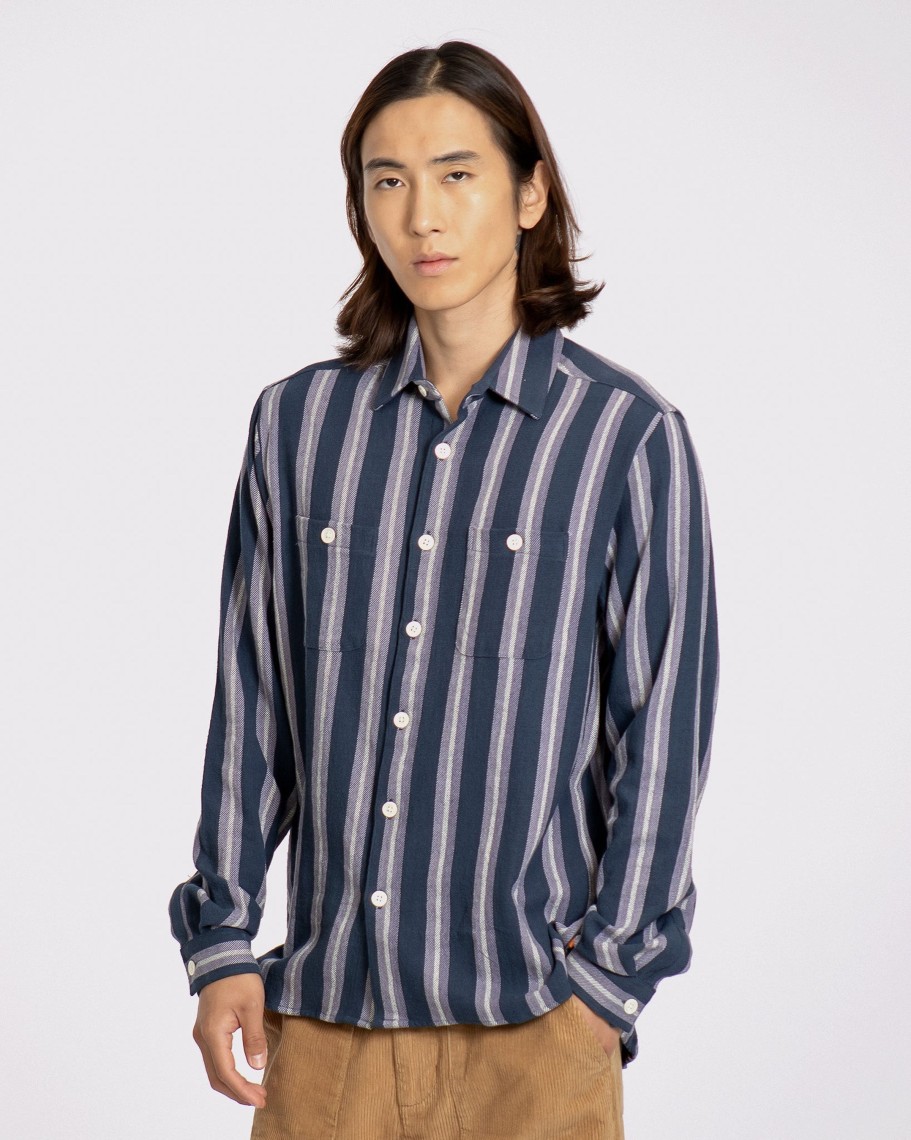 Far Afield Shirts | Patch Pocket Shirt - Insignia Blue / Multi Twill Stripe