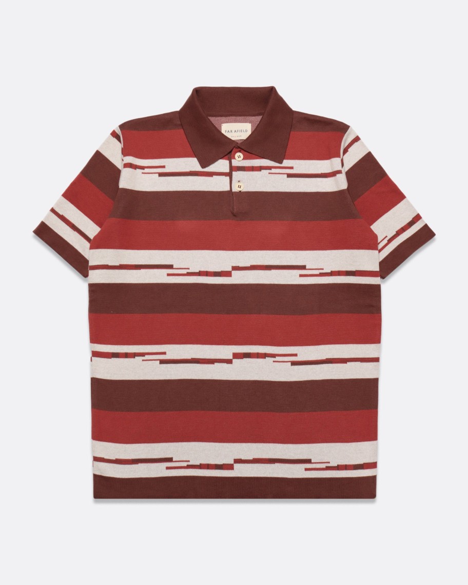 Far Afield Polo Shirts | Kier Polo - Red / Brown Pixel Stripe