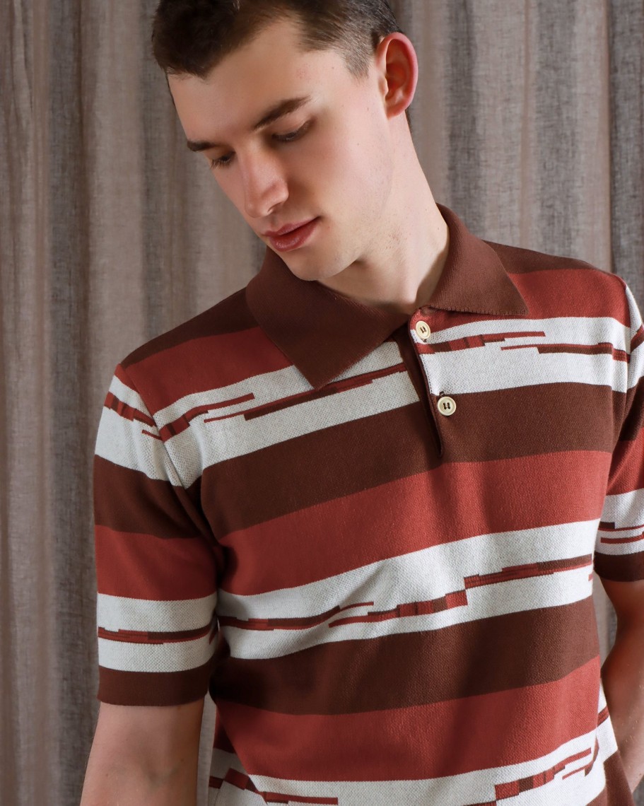 Far Afield Polo Shirts | Kier Polo - Red / Brown Pixel Stripe