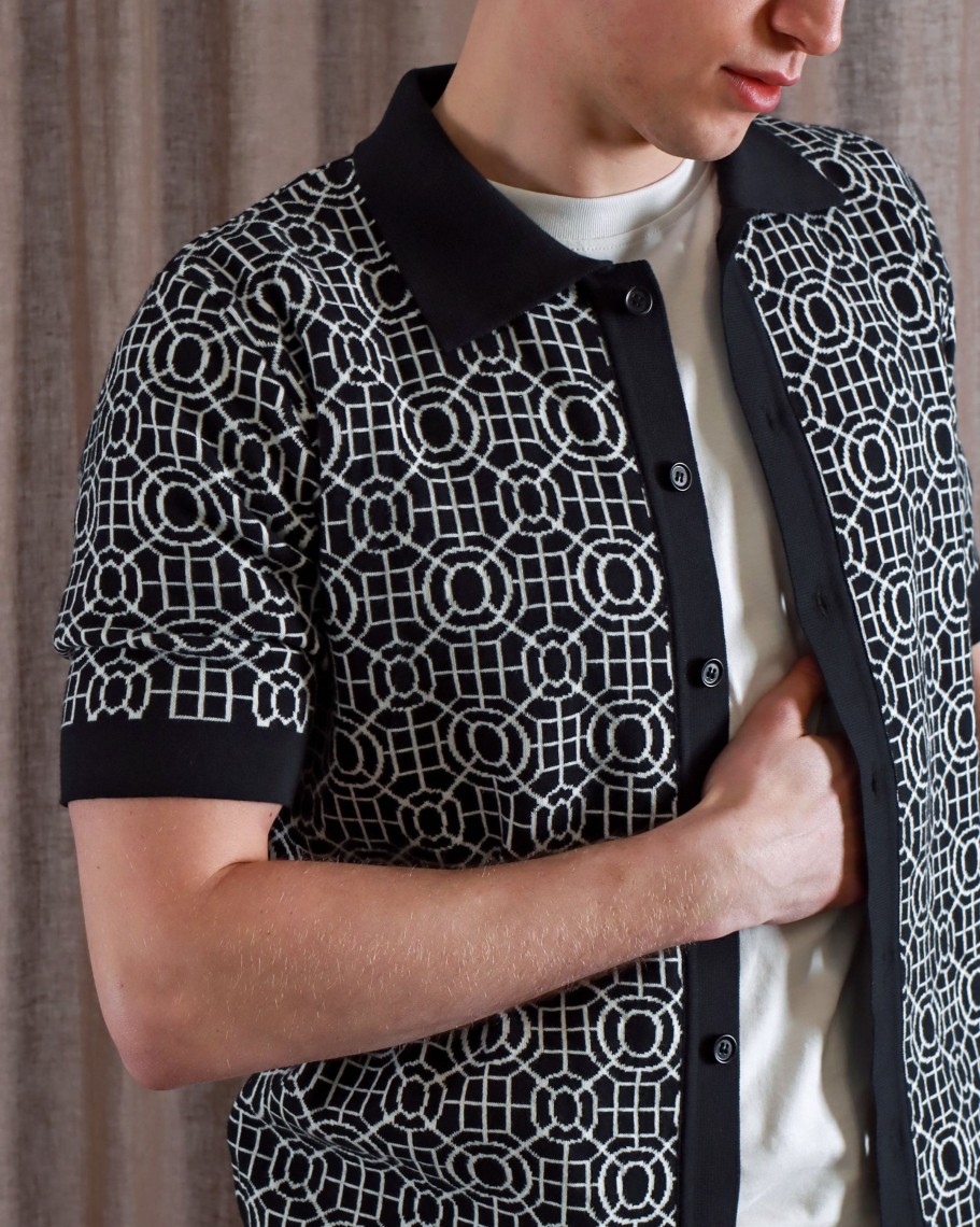 Far Afield Knitwear | Zigger Cardigan - Black / White Rail Pattern