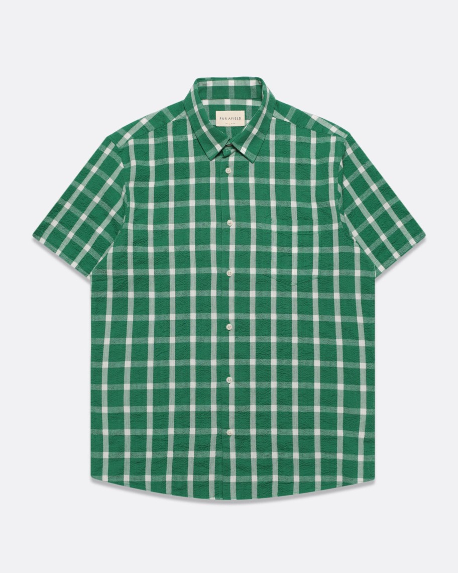 Far Afield Shirts | Classic Short Sleeve Shirt - Green Ribbed Seersucker Check