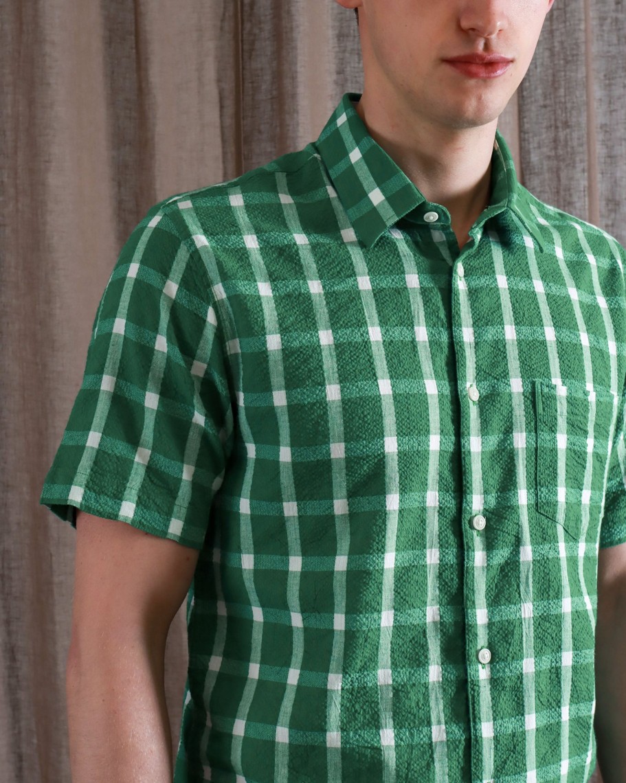 Far Afield Shirts | Classic Short Sleeve Shirt - Green Ribbed Seersucker Check