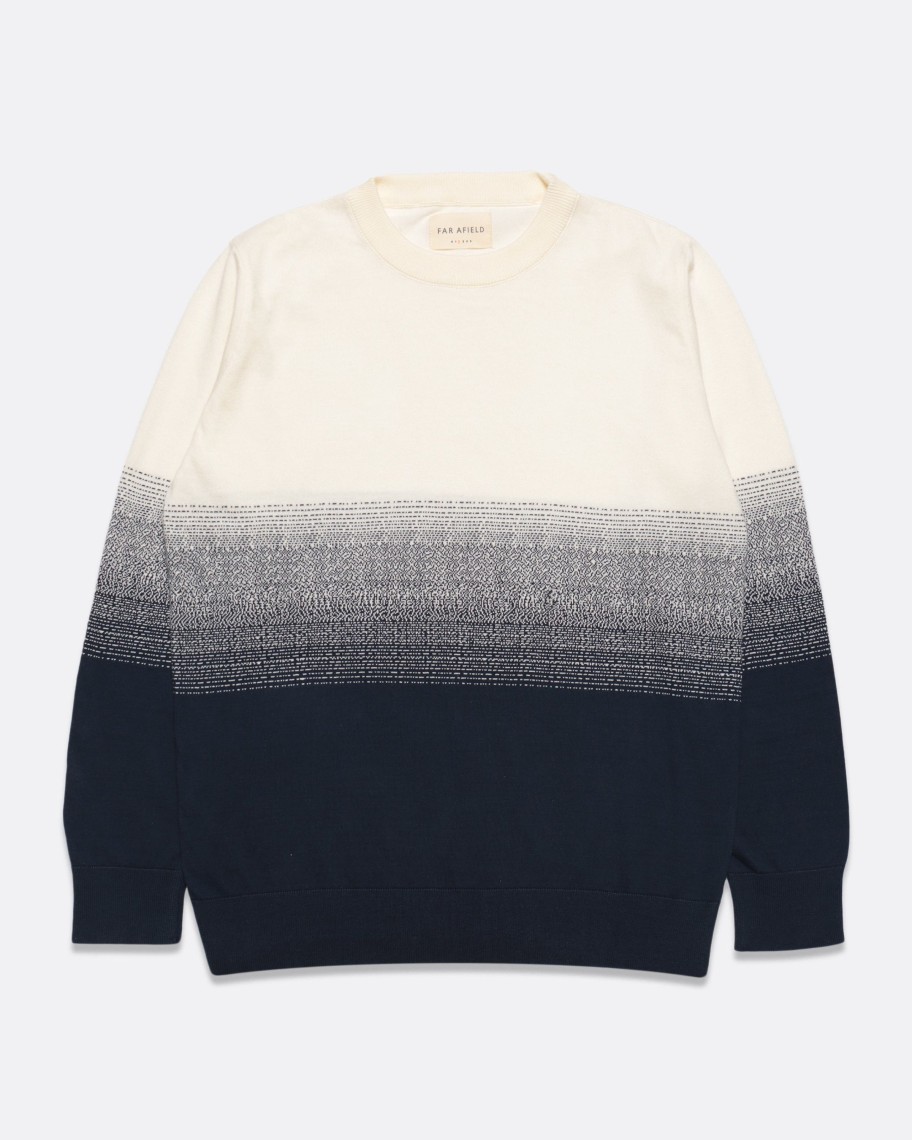 Far Afield Knitwear | Crew Neck Knit - White / Navy Faded Stripe