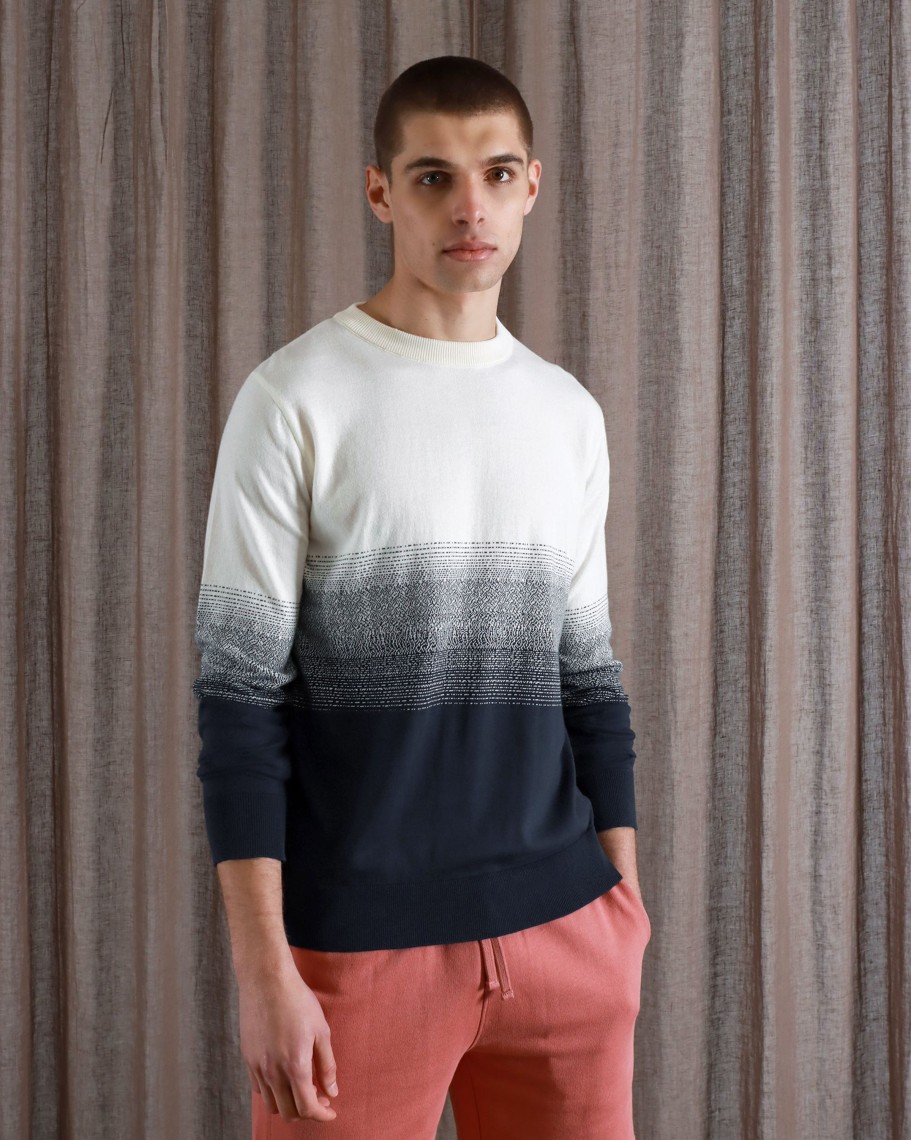 Far Afield Knitwear | Crew Neck Knit - White / Navy Faded Stripe