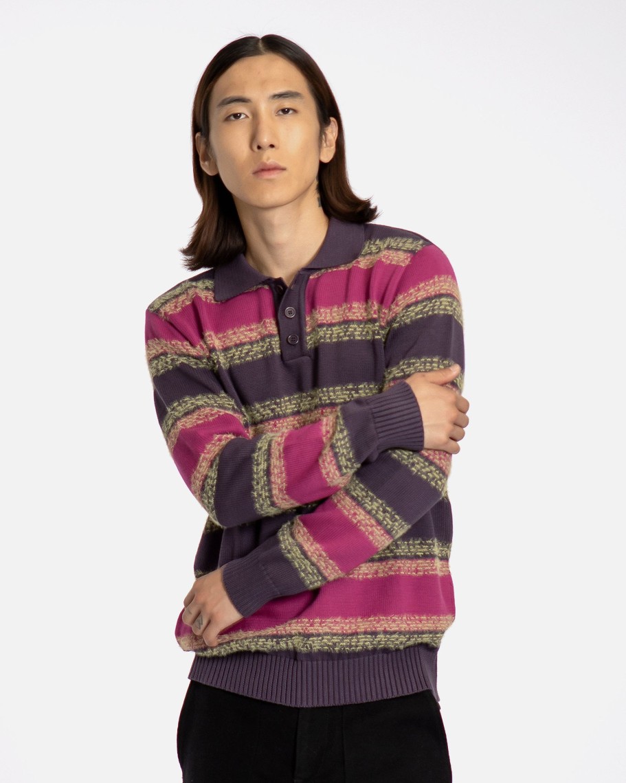 Far Afield Polo Shirts | Kier Knitted Polo - Purple / Multi Gellano Stripe