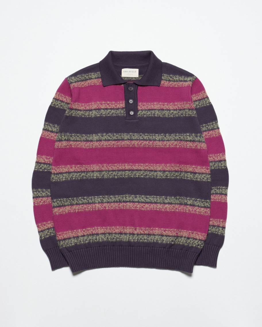 Far Afield Polo Shirts | Kier Knitted Polo - Purple / Multi Gellano Stripe