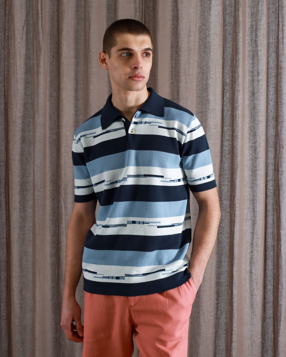 Far Afield Polo Shirts | Kier Polo - Allure Blue / Navy Pixel Stripe