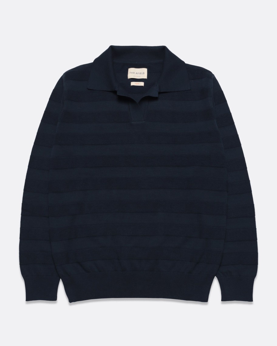 Far Afield Polo Shirts | Marsan Long Sleeve Polo - Dark Navy Raised Stripe