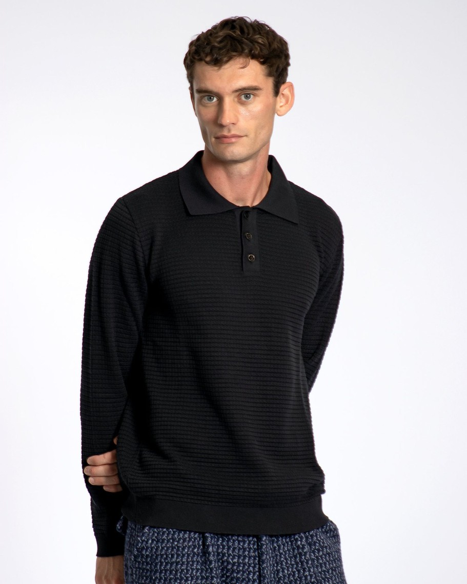 Far Afield Polo Shirts | Renard Knitted Polo - Black Organic Cotton