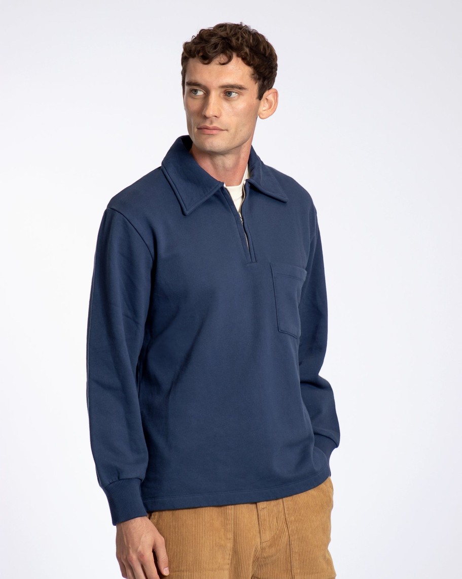 Far Afield Sweatshirts | Levy Half Zip Sweatshirt - Insignia Blue Organic Cotton