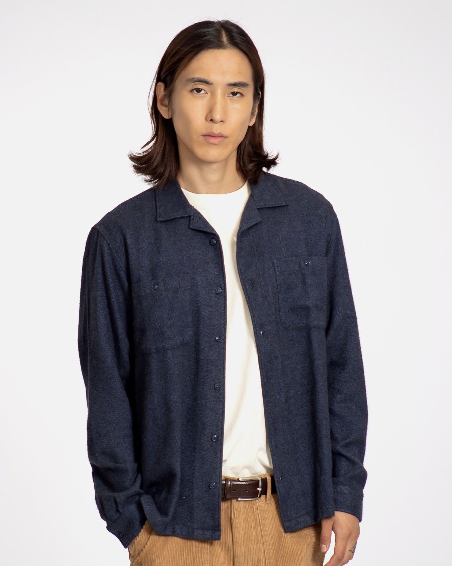 Far Afield Shirts | Hiro Shirt - Insignia Blue Brushed Herringbone Cotton