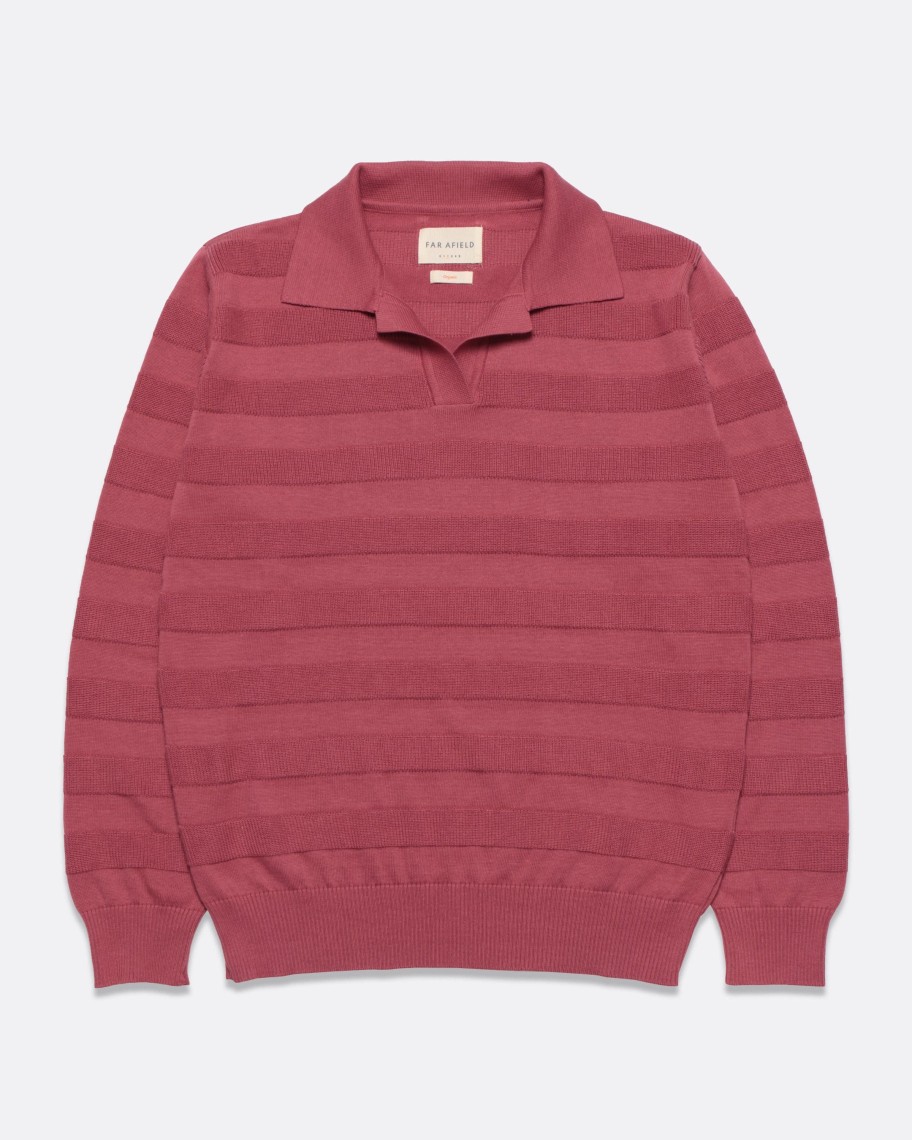 Far Afield Polo Shirts | Marsan Long Sleeve Polo - Rose Pink Raised Stripe