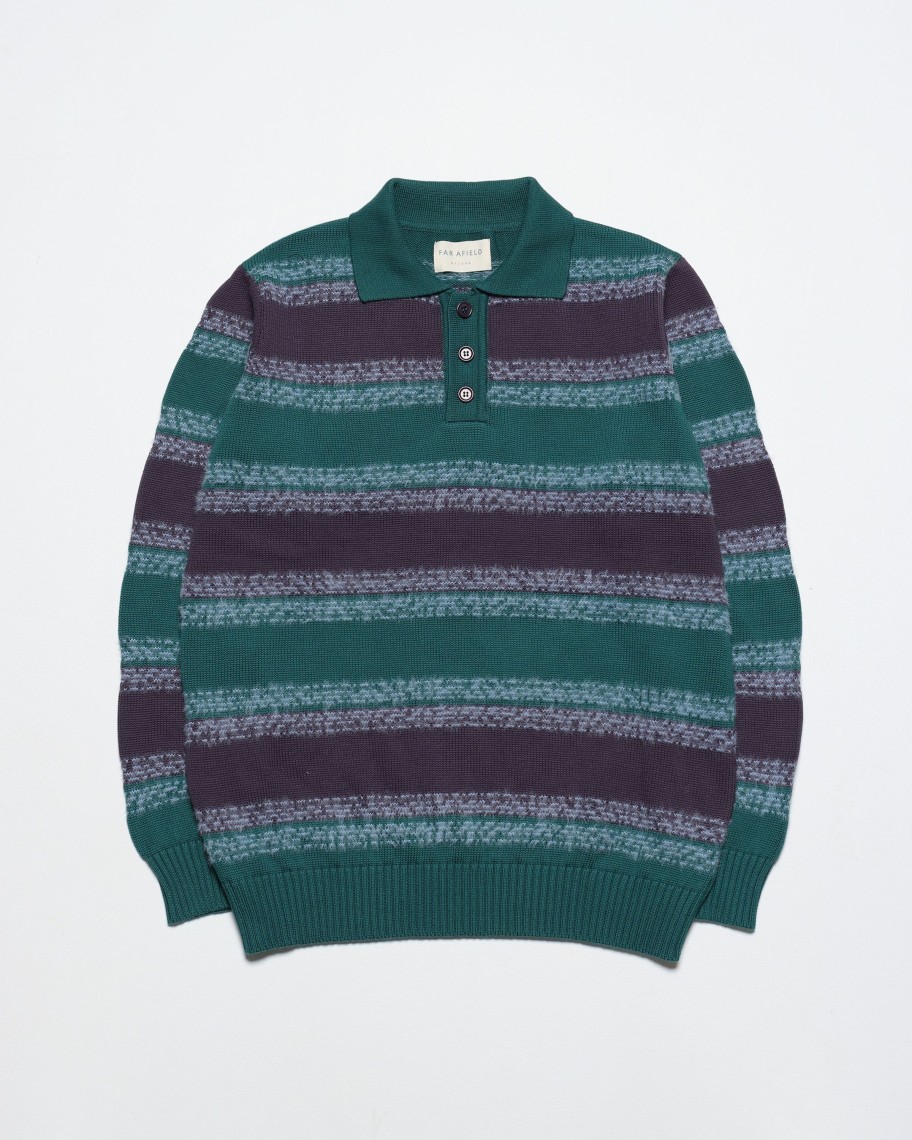 Far Afield Polo Shirts | Kier Knitted Polo - Deep Teal / Multi Gellano Stripe