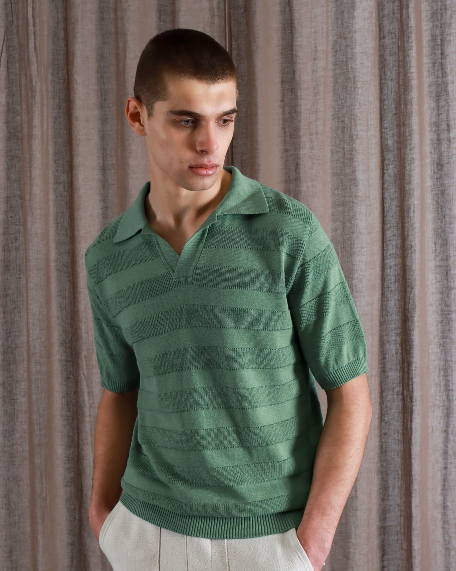 Far Afield Polo Shirts | Marsan Short Sleeve Polo - Frosty Green Raised Stripe