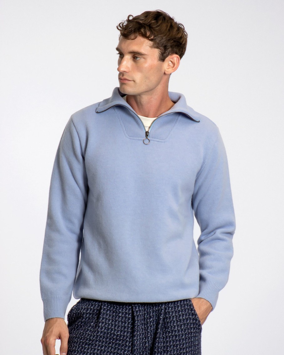 Far Afield Knitwear | Boko Funnel Neck Knit - Silver Blue Lambswool Blend