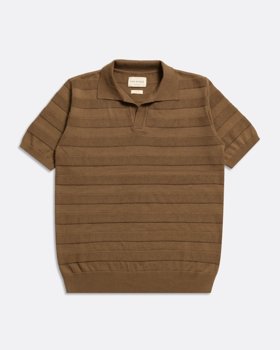 Far Afield Polo Shirts | Marsan Short Sleeve Polo - Palm Brown Raised Stripe