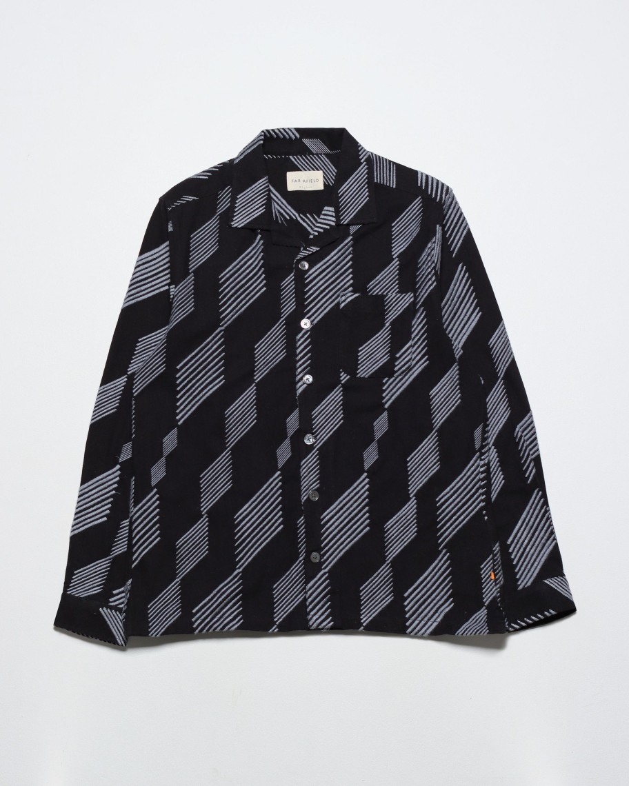 Far Afield Shirts | Stachio Shirt - Black Embroidered Diamond Stripe