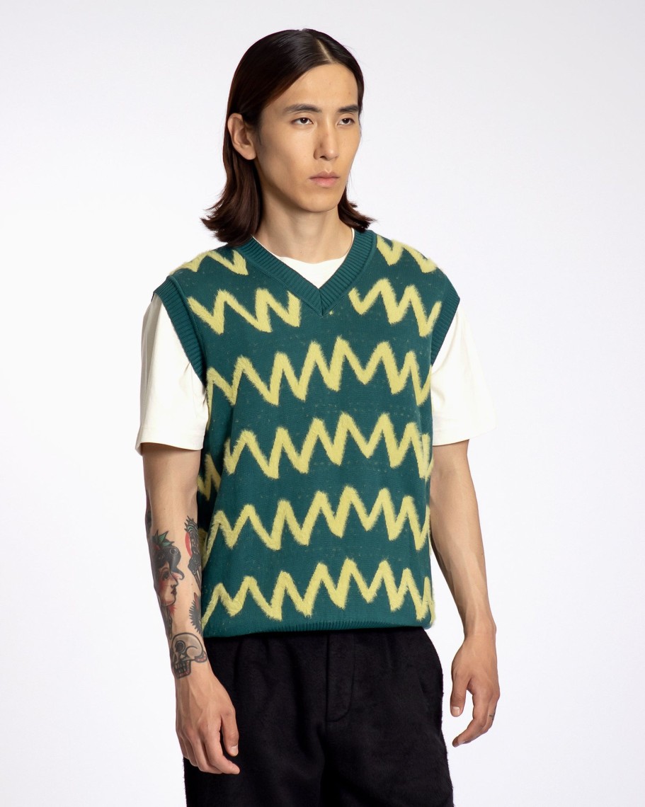 Far Afield Knitwear | Pinto Knitted Vest - Deep Teal / Citronelle Zig Stripe