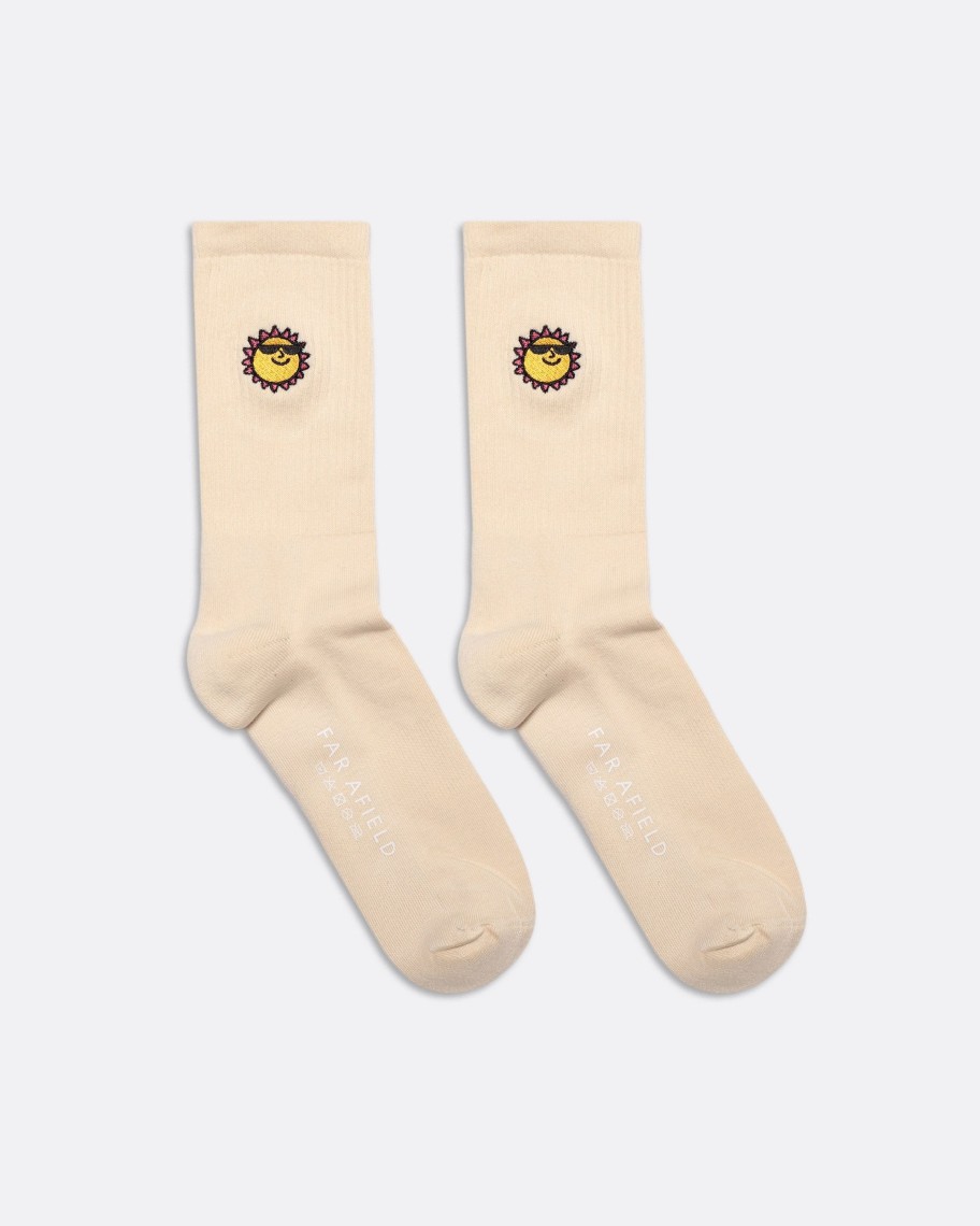 Far Afield Socks | Embroidered Socks - Off White Sunny Motif