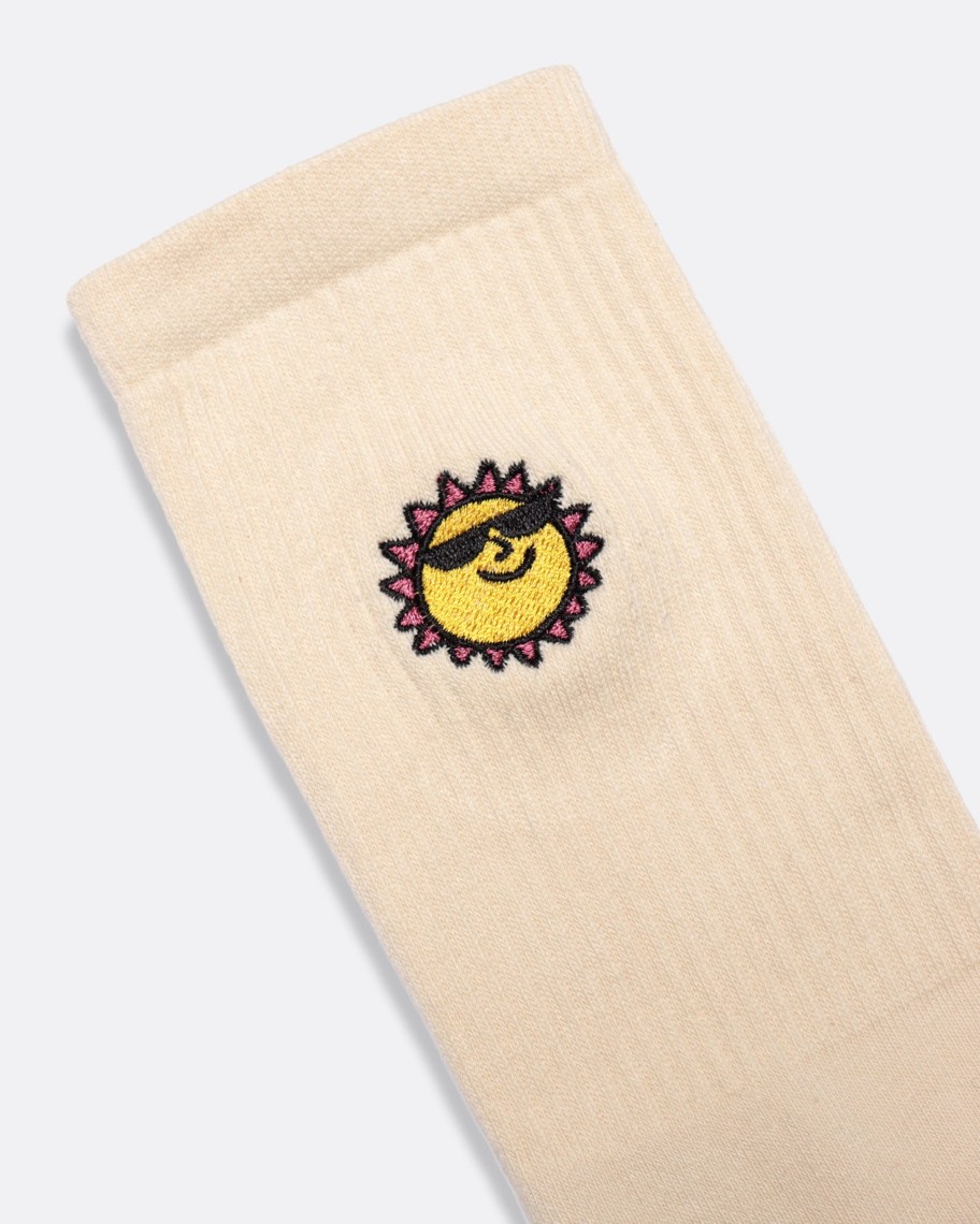 Far Afield Socks | Embroidered Socks - Off White Sunny Motif