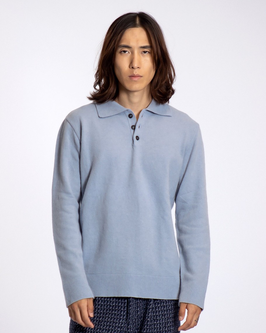 Far Afield Polo Shirts | Kier Knitted Polo - Silver Blue Lambswool Blend