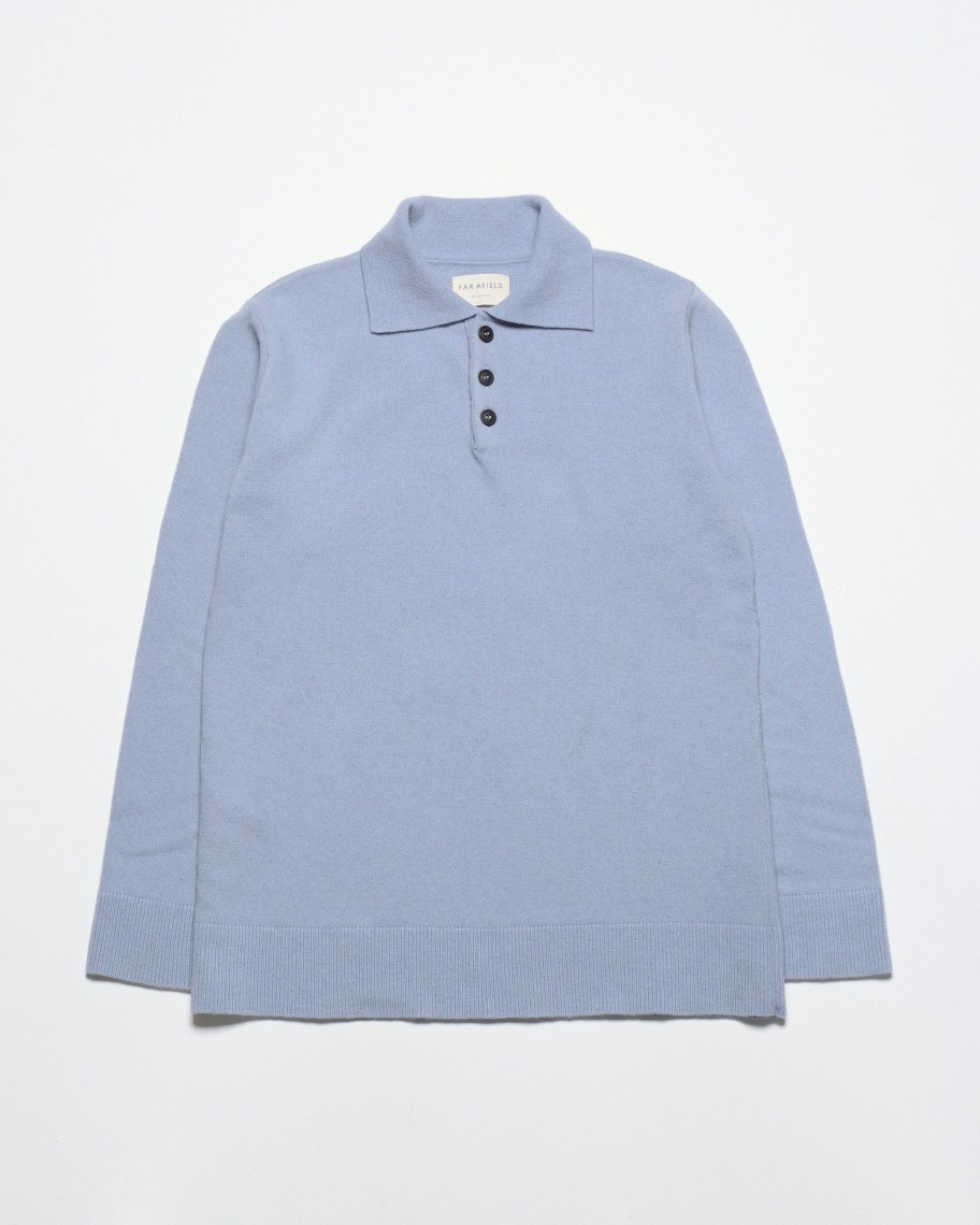 Far Afield Polo Shirts | Kier Knitted Polo - Silver Blue Lambswool Blend