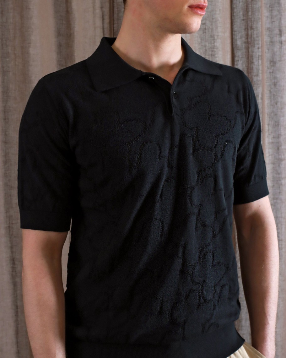 Far Afield Polo Shirts | Belser Polo - Black Floral Lace