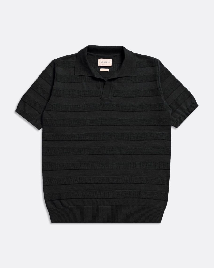 Far Afield Polo Shirts | Marsan Short Sleeve Polo - Meteorite Black Raised Stripe