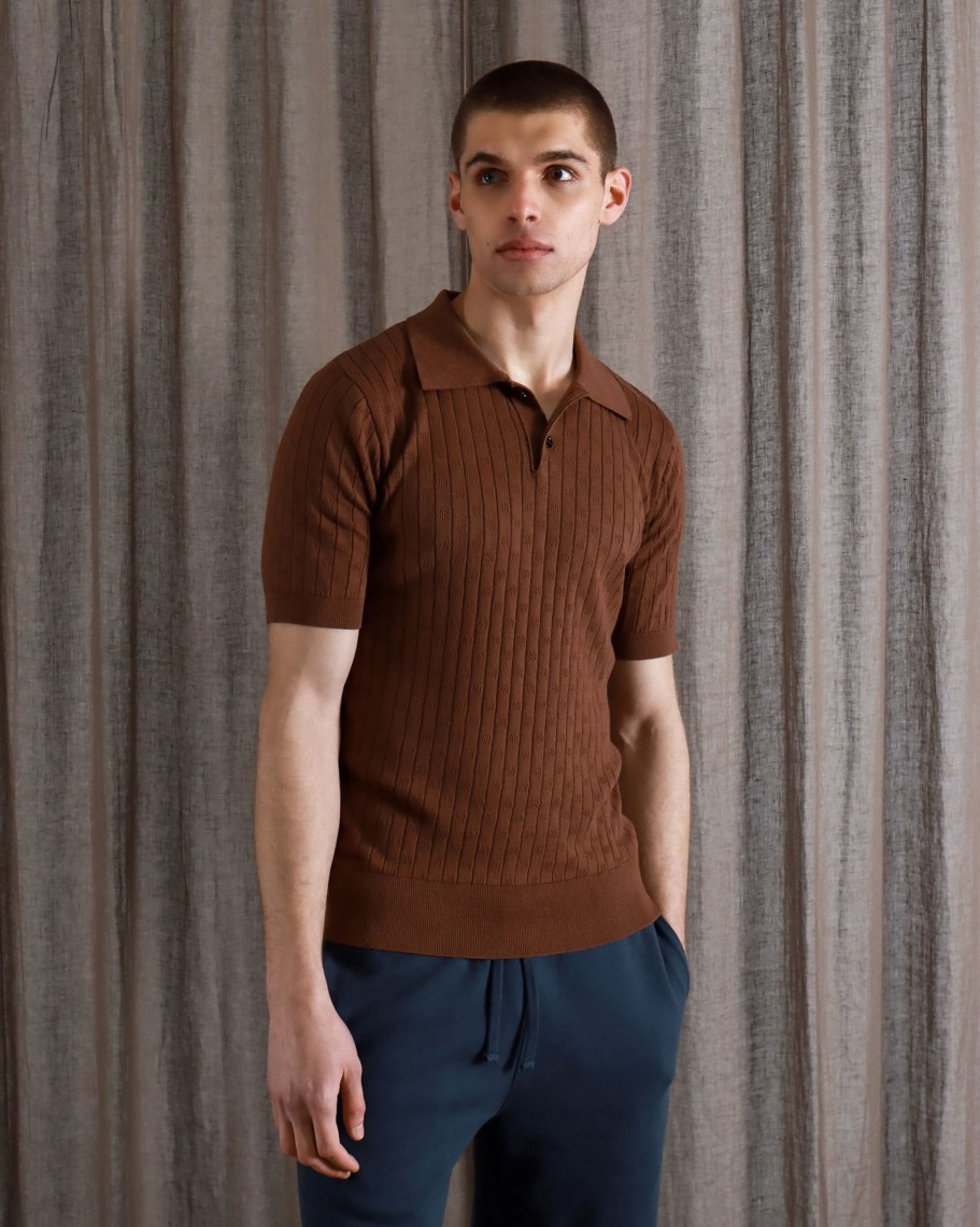 Far Afield Polo Shirts | Jacobs Polo - Brown Perforated Lace